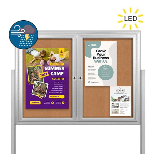 Freestanding 2 Door Enclosed Outdoor Bulletin Boards 60" x 48" with Lights + Posts