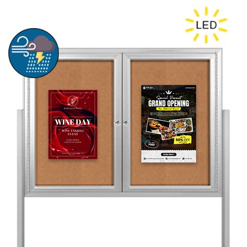 Freestanding 2 Door Enclosed Outdoor Bulletin Boards 60" x 60" with Lights + Posts