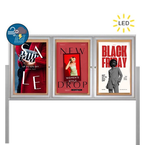 Freestanding 3 Door Enclosed Outdoor Bulletin Boards 72" x 24" with Lights + Posts