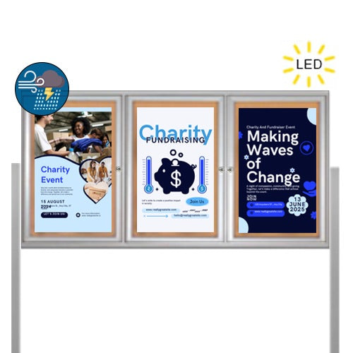 Freestanding 3 Door Enclosed Outdoor Bulletin Boards 72" x 30" with Lights + Posts