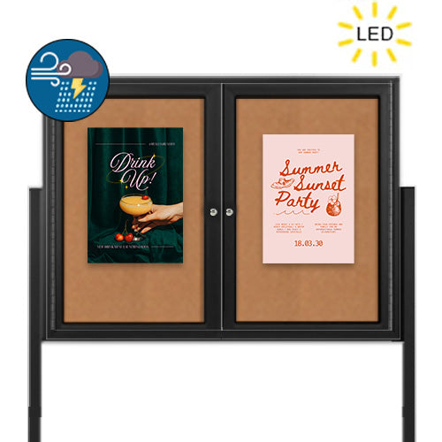 Freestanding 2 Door Enclosed Outdoor Bulletin Boards 84" x 30" with Lights + Posts
