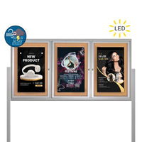 Freestanding 3 Door Enclosed Outdoor Bulletin Boards 84" x 30" with Lights + Posts
