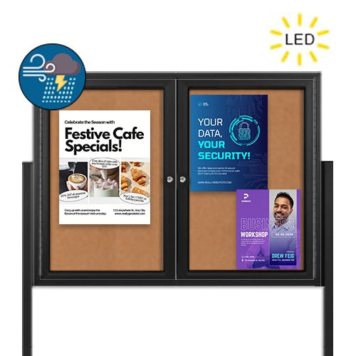 Freestanding 2 Door Enclosed Outdoor Bulletin Boards 96" x 24" with Lights + Posts