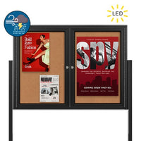 Freestanding 2 Door Enclosed Outdoor Bulletin Boards 96" x 36" with Lights + Posts