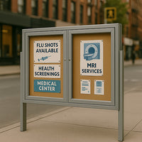 Freestanding 2 Door Enclosed Outdoor Bulletin Boards 72" x 24" with Lights + Posts