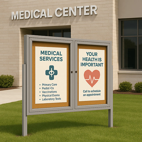 Freestanding 2 Door Enclosed Outdoor Bulletin Boards 72" x 30" with Lights + Posts