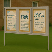 Freestanding 3 Door Enclosed Outdoor Bulletin Boards 72" x 30" with Lights + Posts
