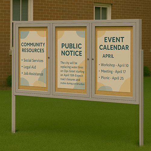 Freestanding 3 Door Enclosed Outdoor Bulletin Boards 72" x 30" with Lights + Posts