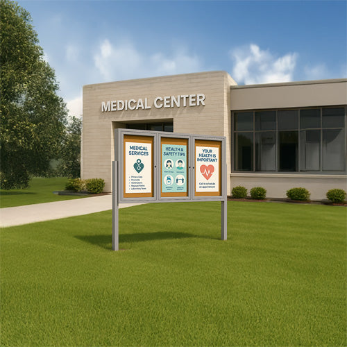 Free-Standing 3-Door Enclosed Outdoor Bulletin Board 84" x 48" with + Posts and LED Lighting