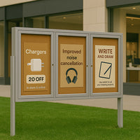 Freestanding 3 Door Enclosed Outdoor Bulletin Boards 84" x 30" with Lights + Posts