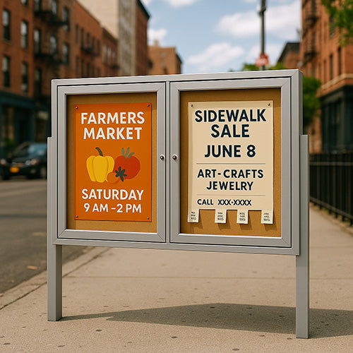 Freestanding 2 Door Enclosed Outdoor Bulletin Boards 84" x 30" with Lights + Posts