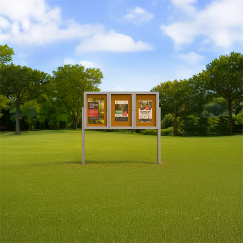 Freestanding 3 Door Enclosed Outdoor Bulletin Boards 96" x 24" with Lights + Posts