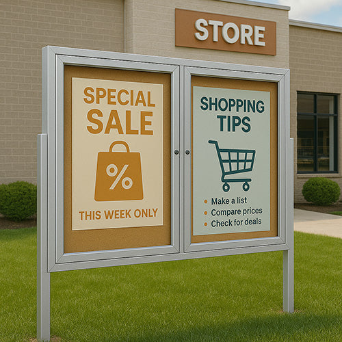 Freestanding 2 Door Enclosed Outdoor Bulletin Boards 96" x 30" with Lights + Posts